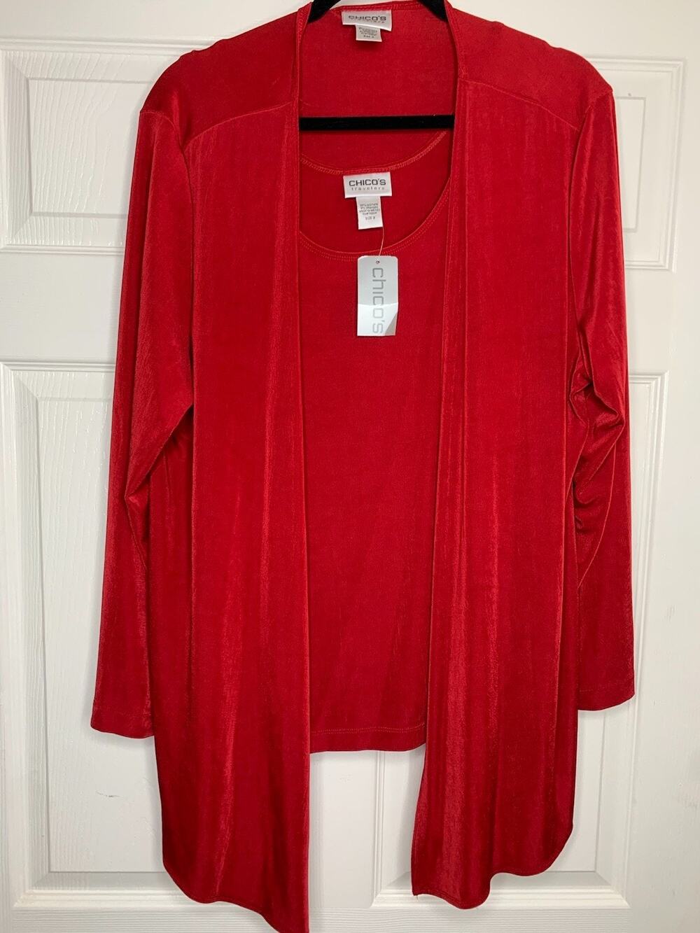 Chico's Travelers Red 2pc open front cardigan jacket & tank top set sz 3-XL-16